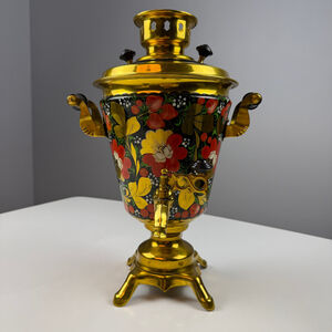 VTG Russian Samovar Tea Kettle 3L Gold & Black Floral Pattern Electric (tested)